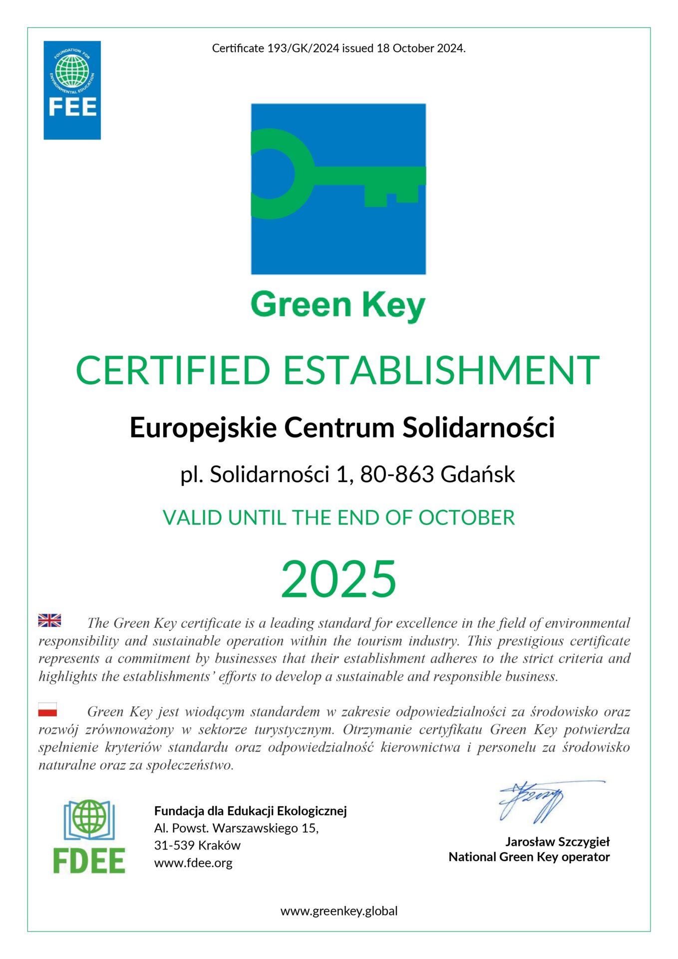 Certyfikat Green Key