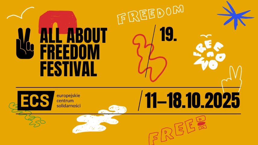 Żółte tło i czarne napisy All About Freedom Festival