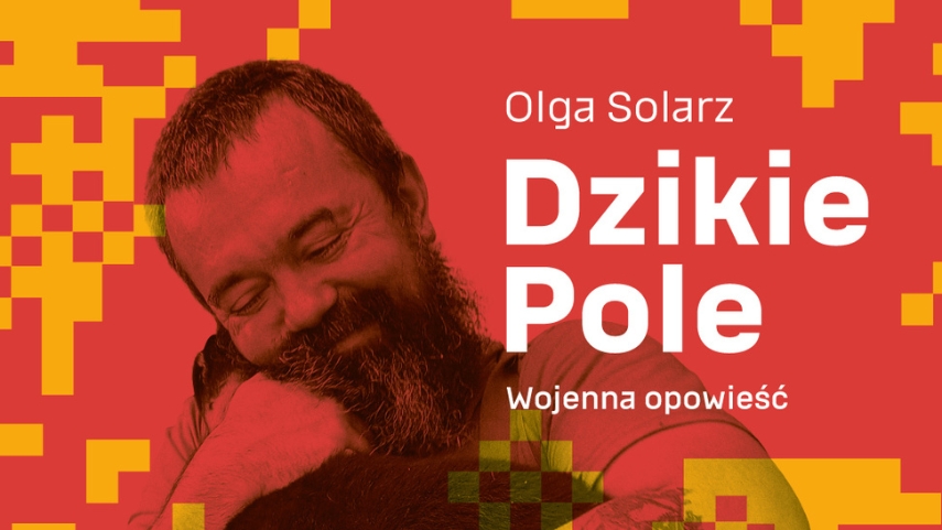 Czerwona okładka książki, z żółtymi kwadratami, mężczyzna przytulający psa