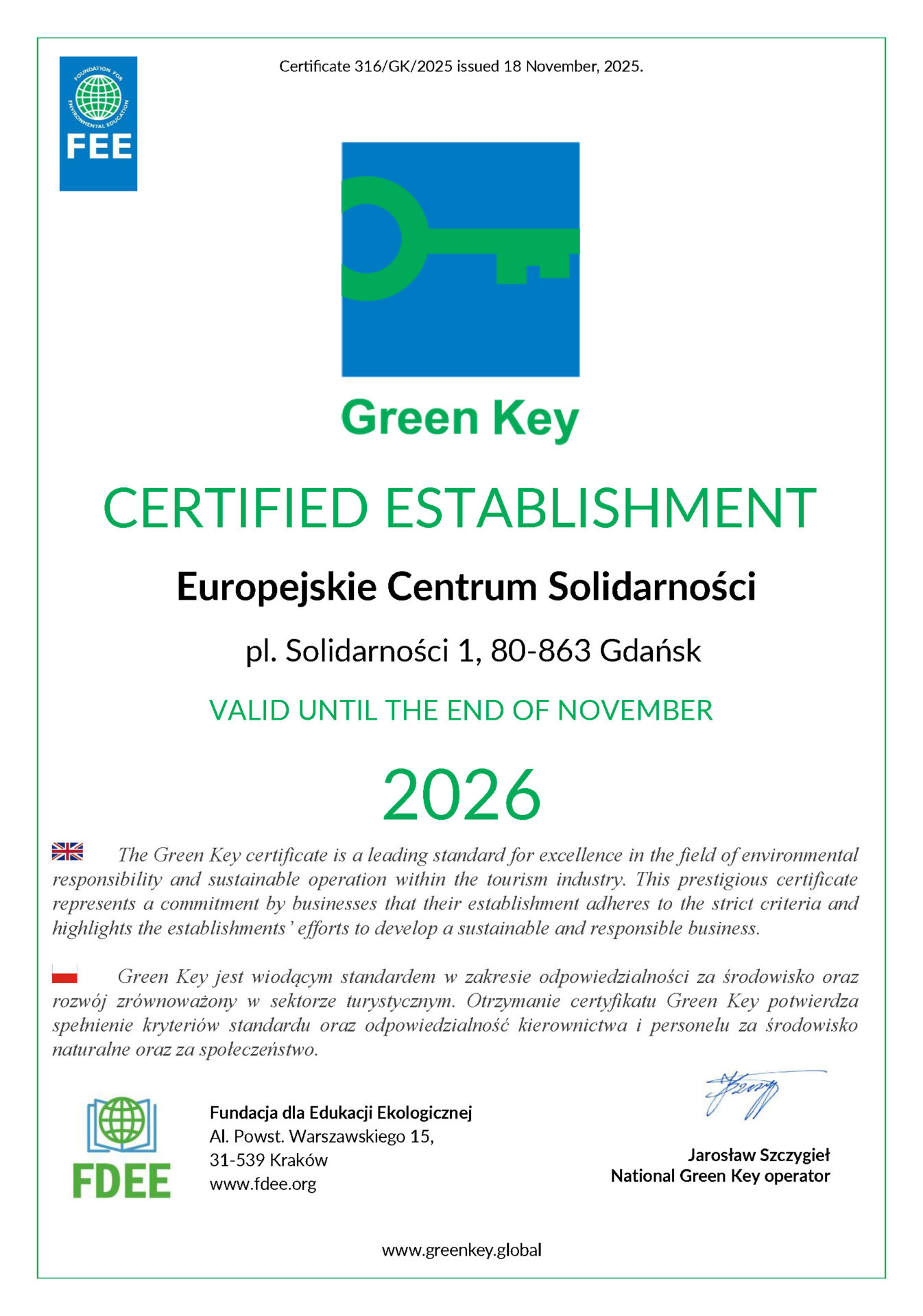 Certyfikat Green Key