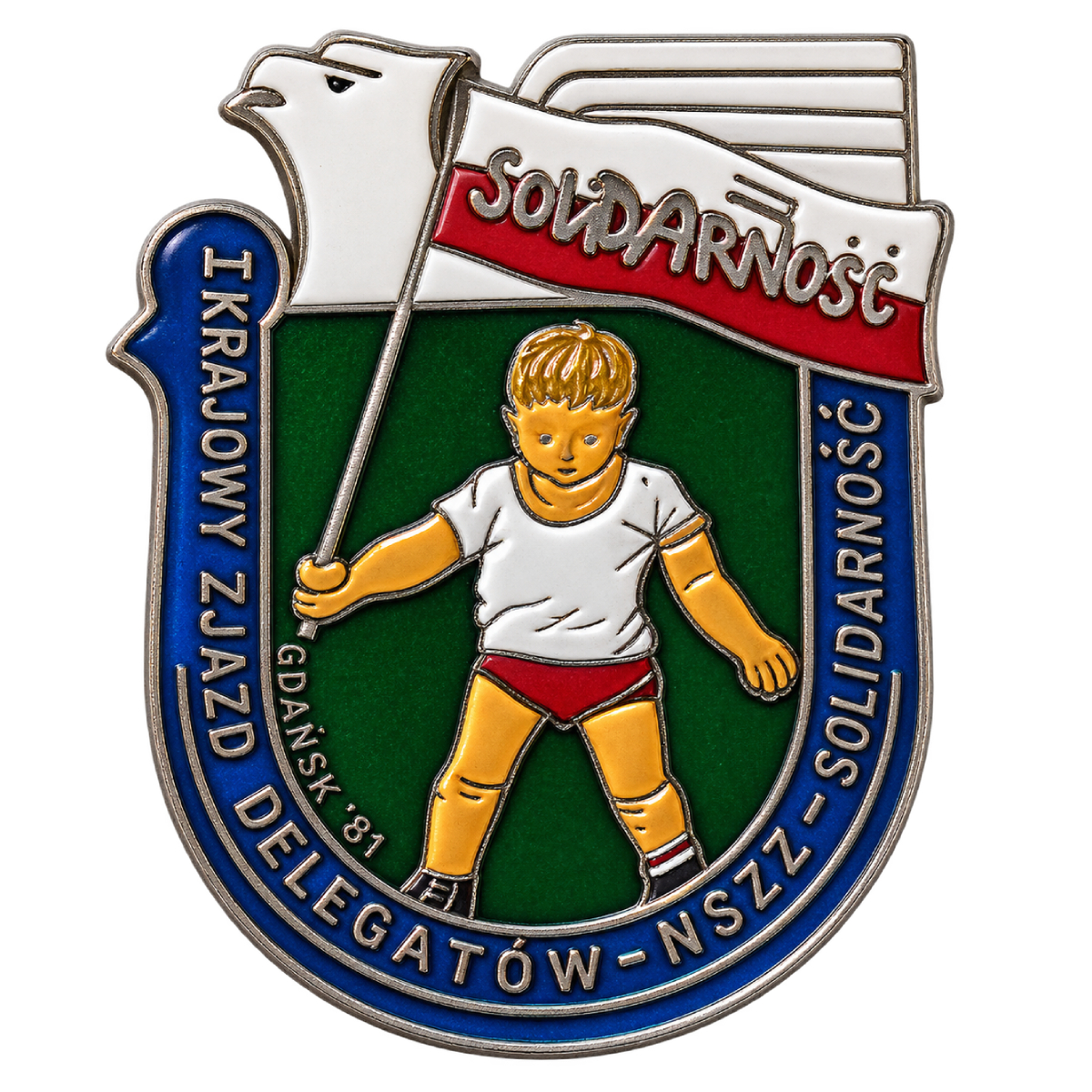Wpinka solidarnościowa upamiętniająca I Krajowy Zjazd Delegatów NSZZ „Solidarność” w 1981 r., autor nieznany, lata 80. XX w. / zbiory ECS
